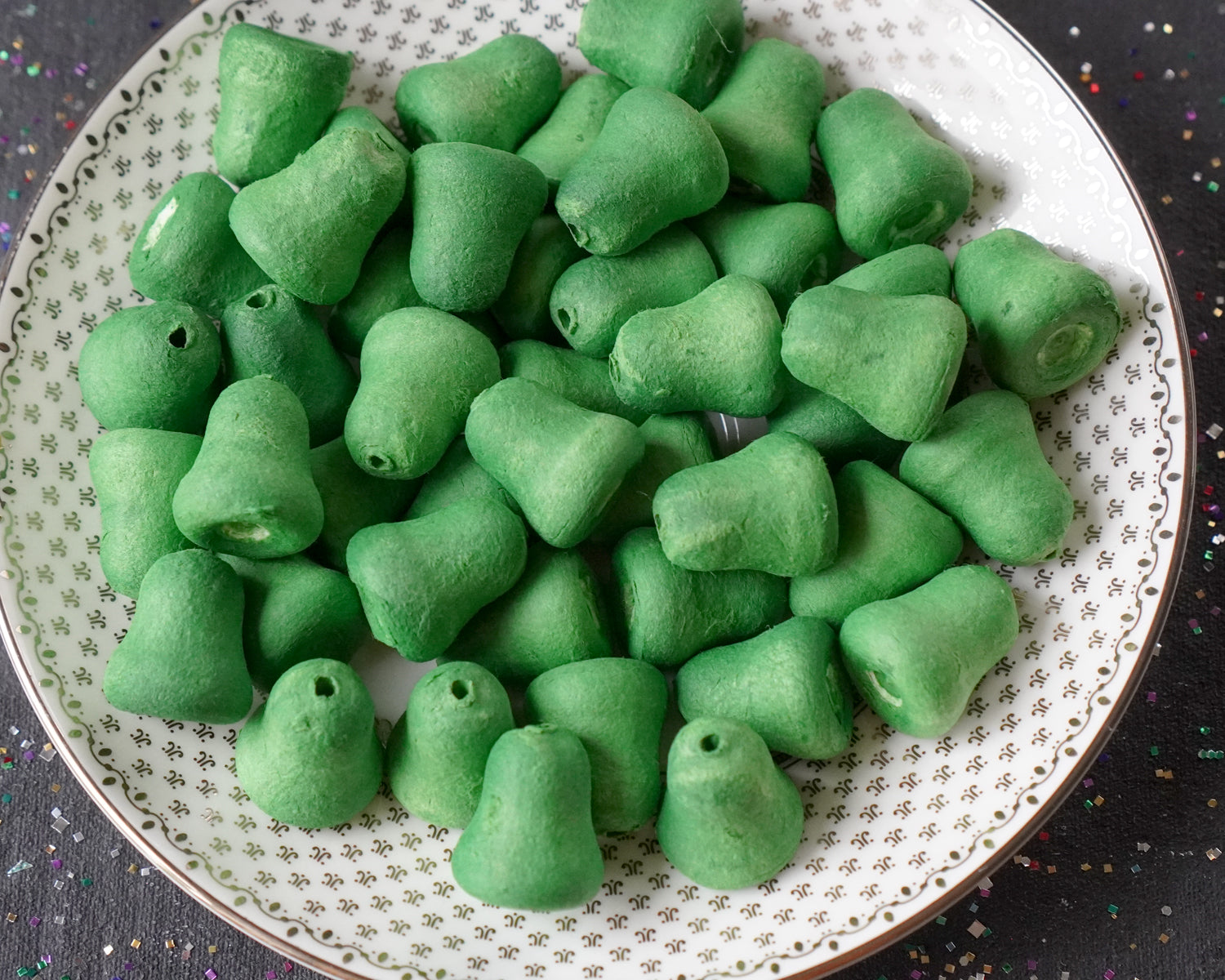 Mini Christmas Green Bells - 20mm Tinted Spun Cotton Craft Shapes, 24 Pcs.