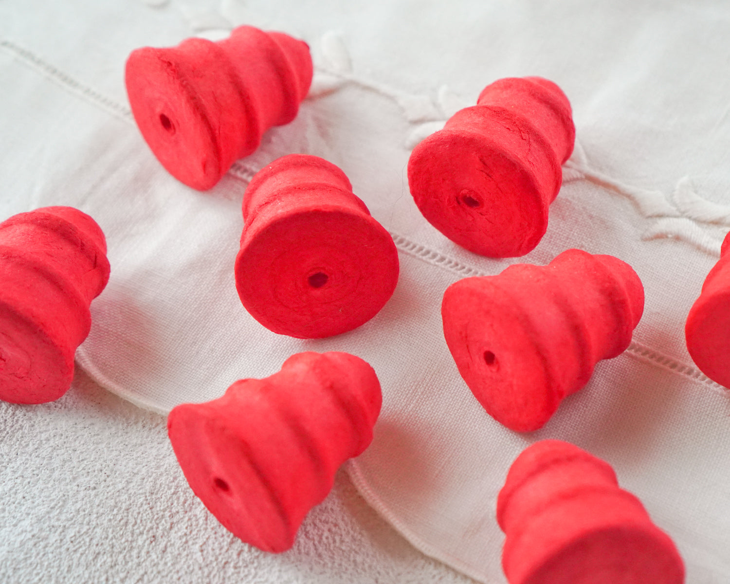 Red Spun Cotton Bells - 32mm Small Retro Striped Bell Craft Shapes, 12 Pcs.