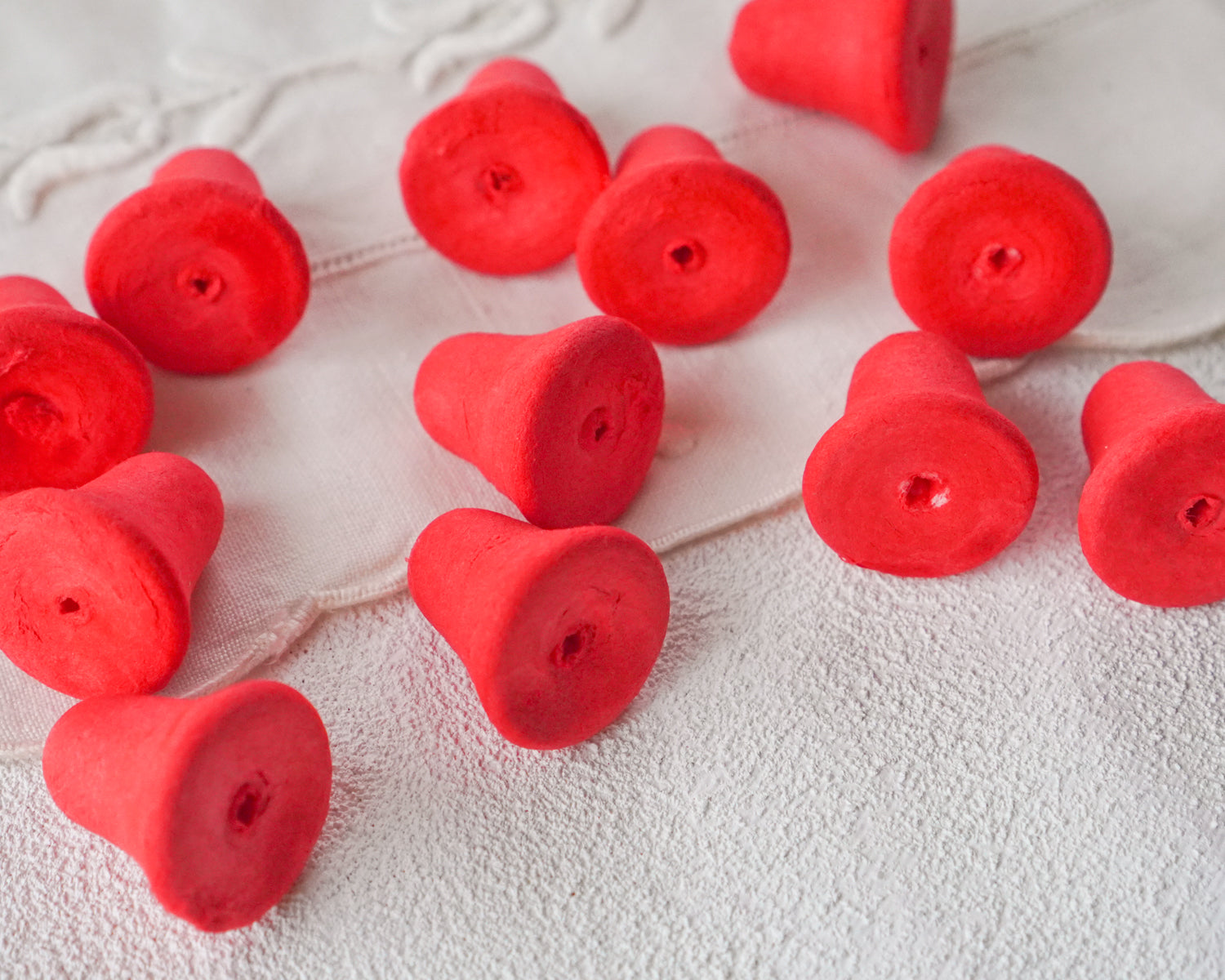 Small Red Spun Cotton Bells - 24mm Vintage-Style Craft Shapes, 24 Pcs.