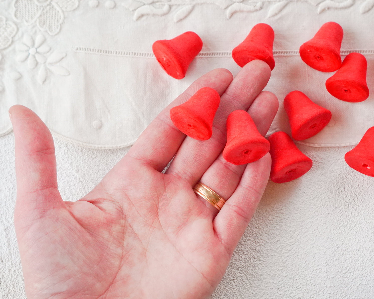 Small Red Spun Cotton Bells - 24mm Vintage-Style Craft Shapes, 24 Pcs.