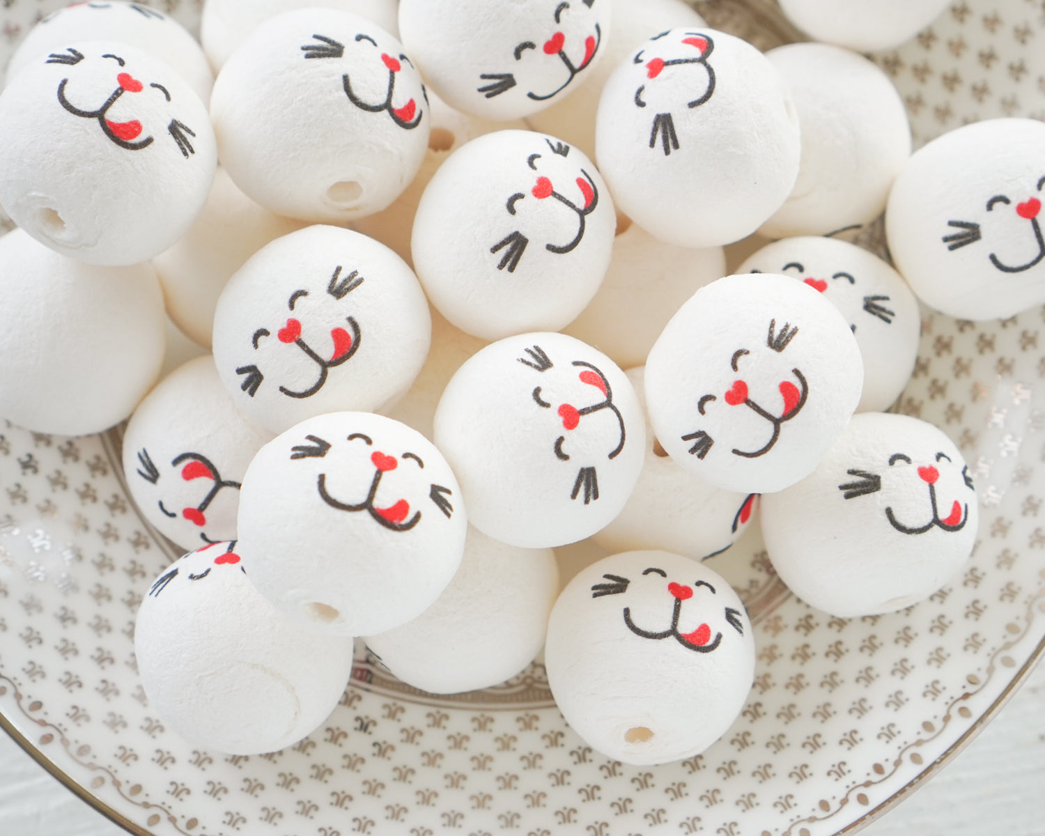 Spun Cotton Bunny / Cat Craft Heads with Faces - 22mm Vintage-Style Animal Heads 12 Pcs