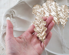 Oak Leaves - Metallic Gold Foiled Paper Autumn Craft Leaf Stems, 10 Pcs.