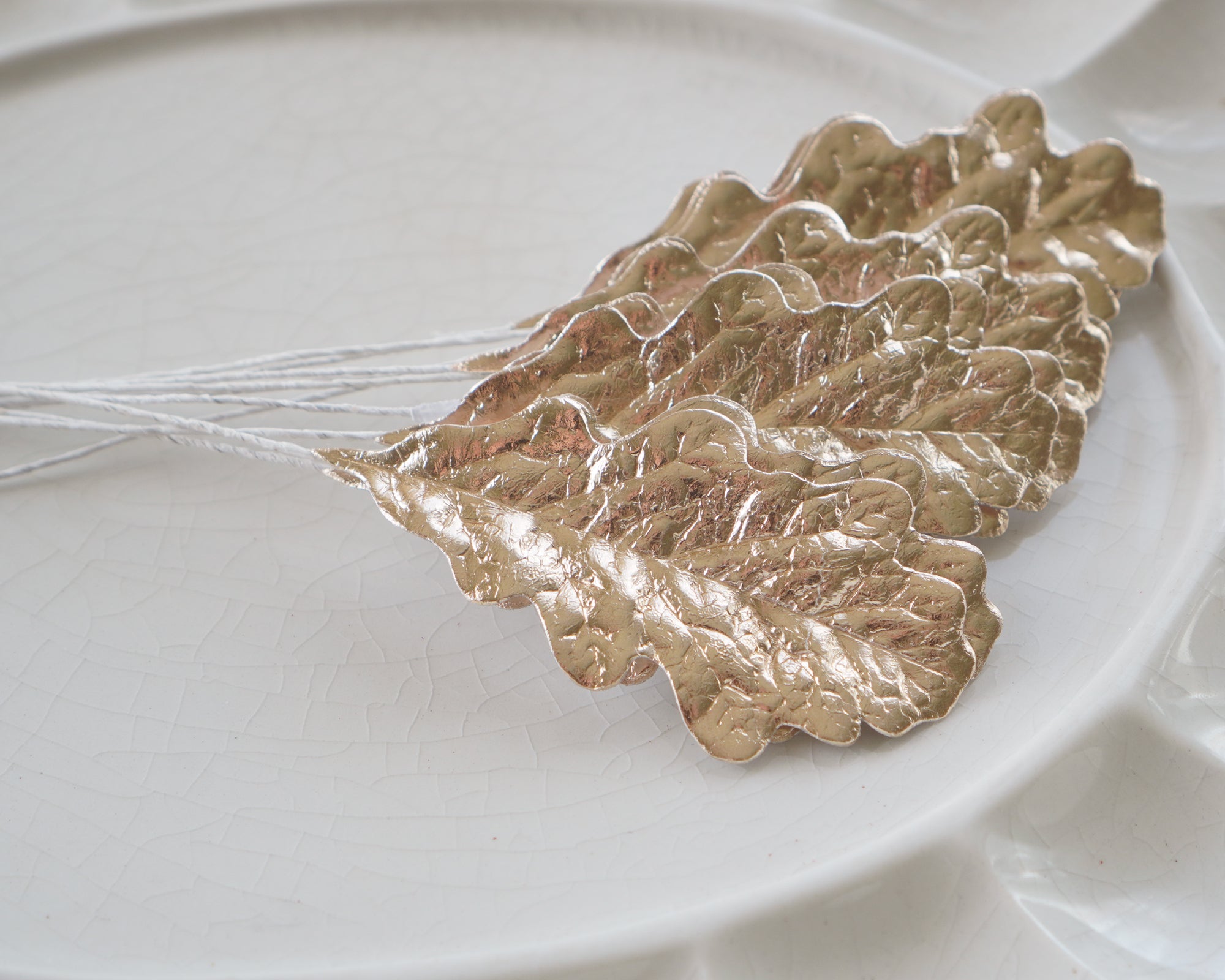 Oak Leaves - Metallic Gold Foiled Paper Autumn Craft Leaf Stems, 10 Pcs.