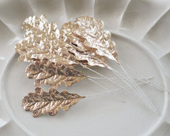 Oak Leaves - Metallic Gold Foiled Paper Autumn Craft Leaf Stems, 10 Pcs.