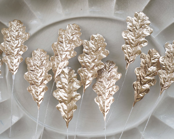 Oak Leaves - Metallic Gold Foiled Paper Autumn Craft Leaf Stems, 10 Pcs.