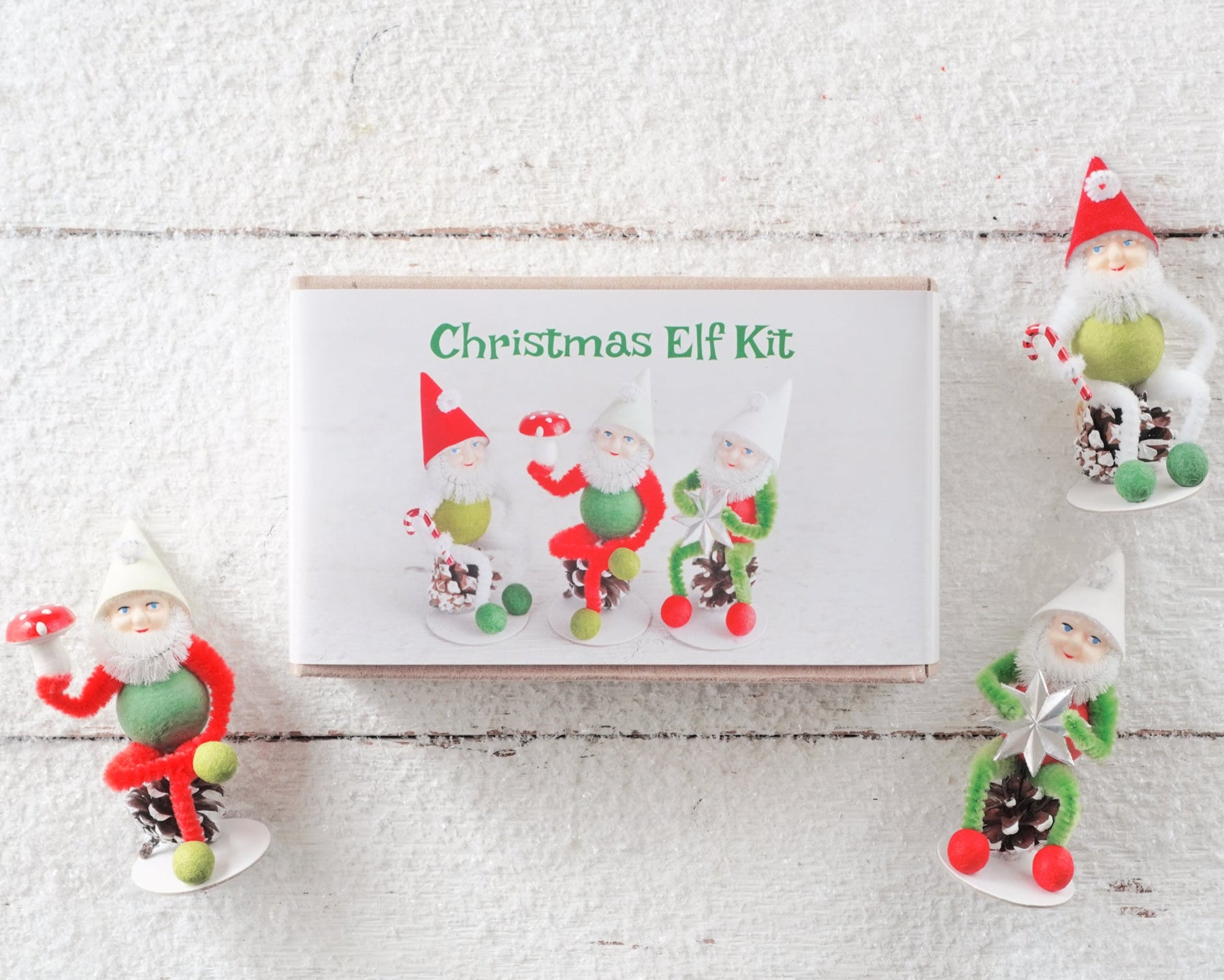 Christmas Elf Craft Kit - DIY Red and Green Spun Cotton and Pine Cone Elves