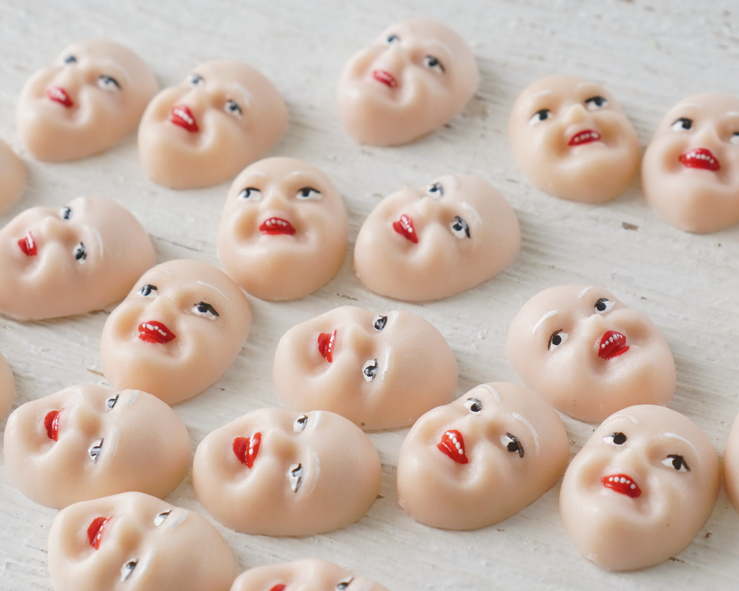 Singing Elf Faces, Cream - Miniature Plastic Face Cabochons for Crafts, 12 Pcs.