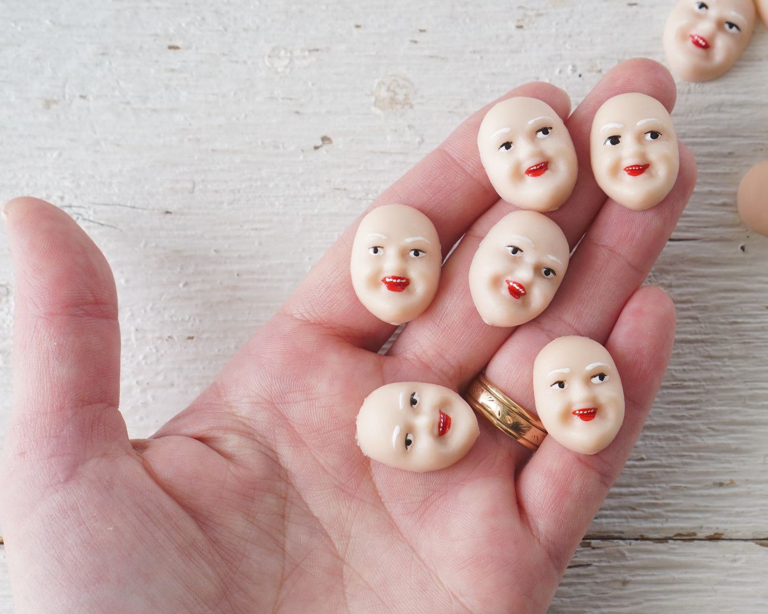 Singing Elf Faces, Cream - Miniature Plastic Face Cabochons for Crafts, 12 Pcs.
