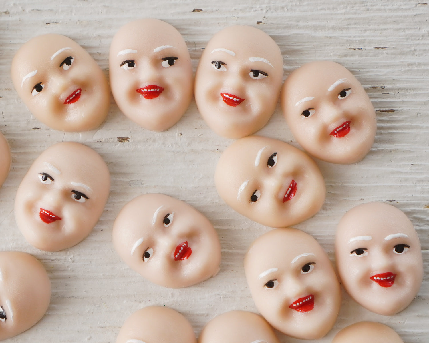 Singing Elf Faces, Cream - Miniature Plastic Face Cabochons for Crafts, 12 Pcs.
