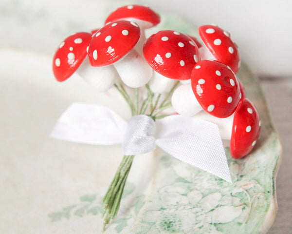 Spun Cotton Mushrooms - 18mm Red Fairy Tale Toadstools, 12 Pcs.