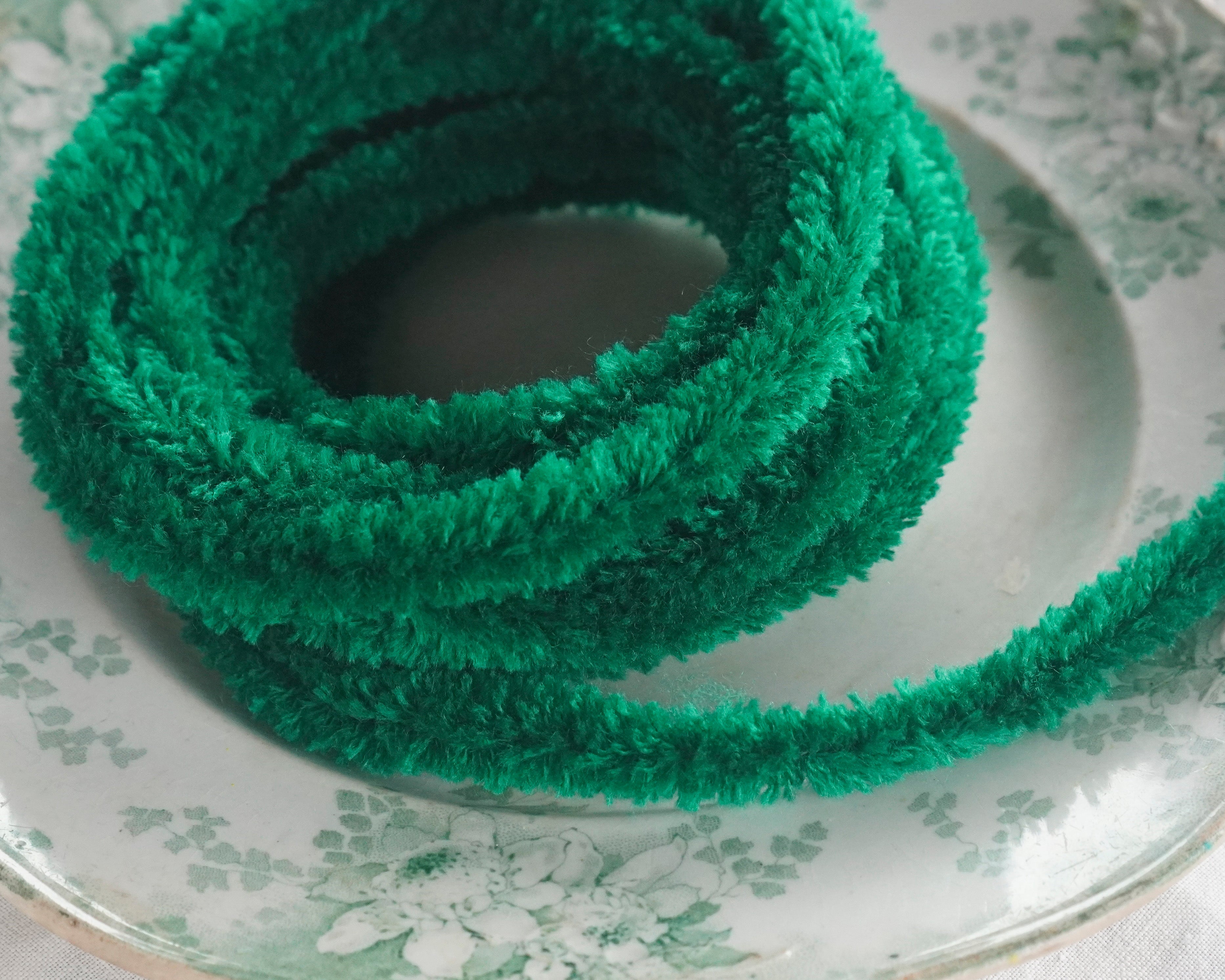 Wired Green Yarn Trim - Fluffy Chenille Craft Cord, 3 Yds.